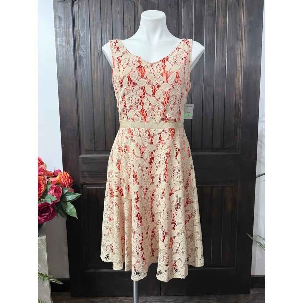 Danny and Nicole Women Size 8 Lace Fit and Flare Dress Orange Beige Sleeveless